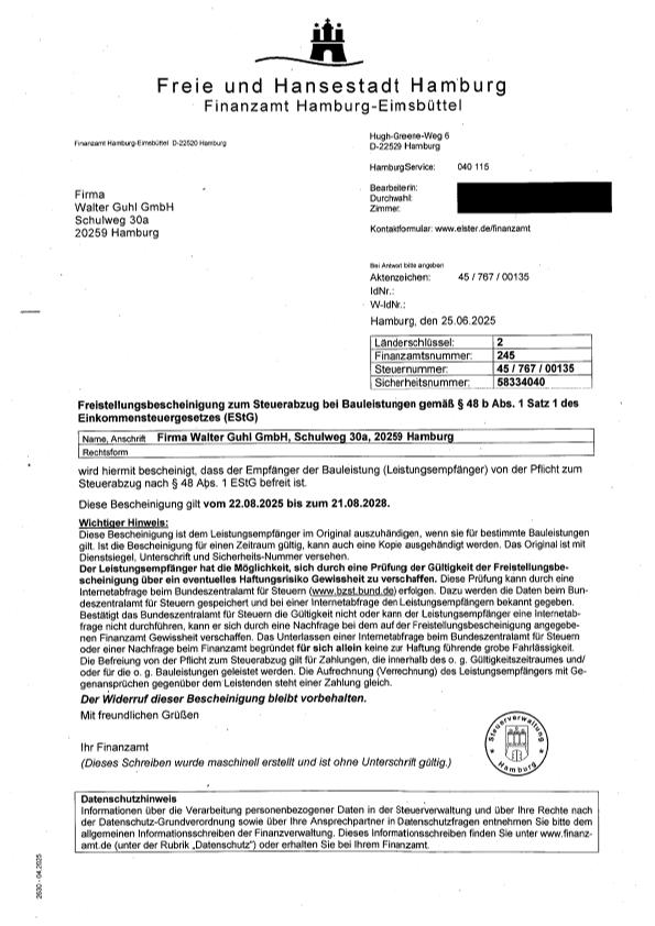 28.8.21 Freistellungsbescheinigung &sect;48 b ESTG 22.08.2025 bis 21.08.2028