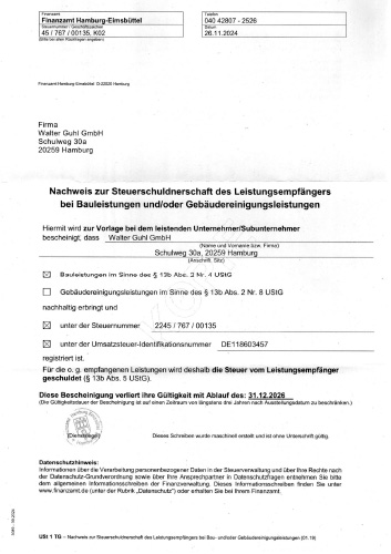 Nachweis zur Steuerschuldnerschaft
